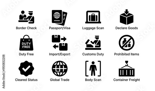 Customs and border control icons: passport, luggage, trade, security, import/export