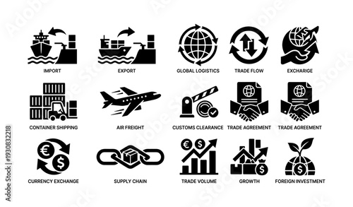 Trade and logistics icons: import export shipping global trade currency supply growth