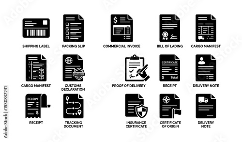 Set of shipping and delivery document icons in black and white