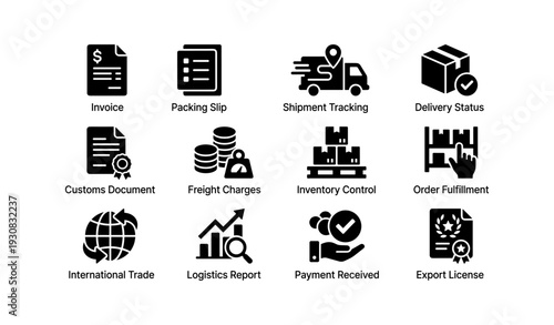 Logistics and trade icons: shipping, inventory, and delivery management symbols