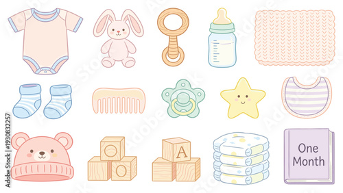 Digital Illustration of 15 Adorable Baby Items Collection with Toys, Clothes, and Accessories in Pastel Style Arranged on Plain Background