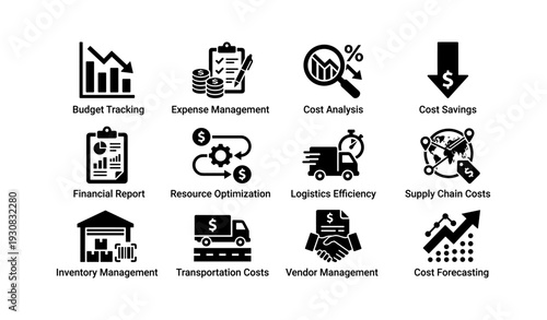 Financial and logistics management icons for cost optimization and analysis