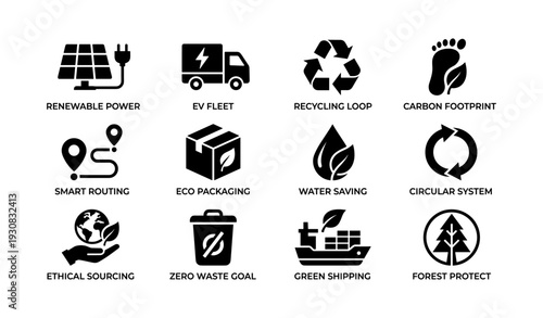 Sustainable icons: renewable energy, eco packaging, carbon footprint, recycling, green shipping