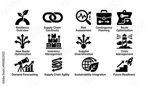 Business strategy icons: risk, supply chain, sustainability, crisis, resilience