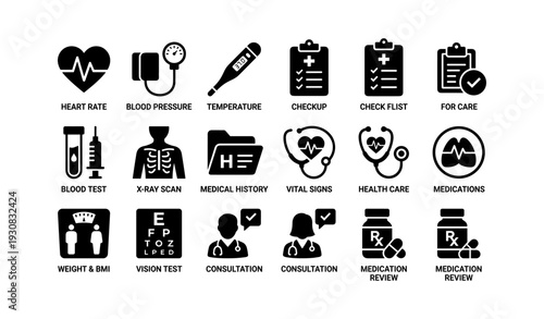 Healthcare icons collection: heart rate, blood pressure, temperature, x-ray, medication review
