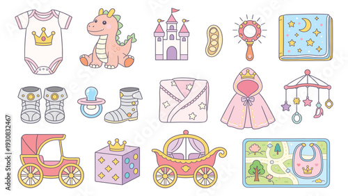 Vibrant Whimsical Cartoon Collection Featuring Onesie, Dragon, Castle, Mobile, Train, Gift, Carriage _2072436596.eps