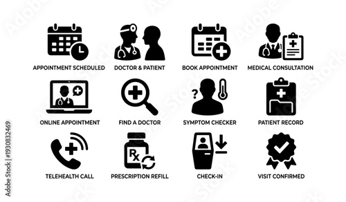 Healthcare icons: appointment scheduling, online consultations, medical records