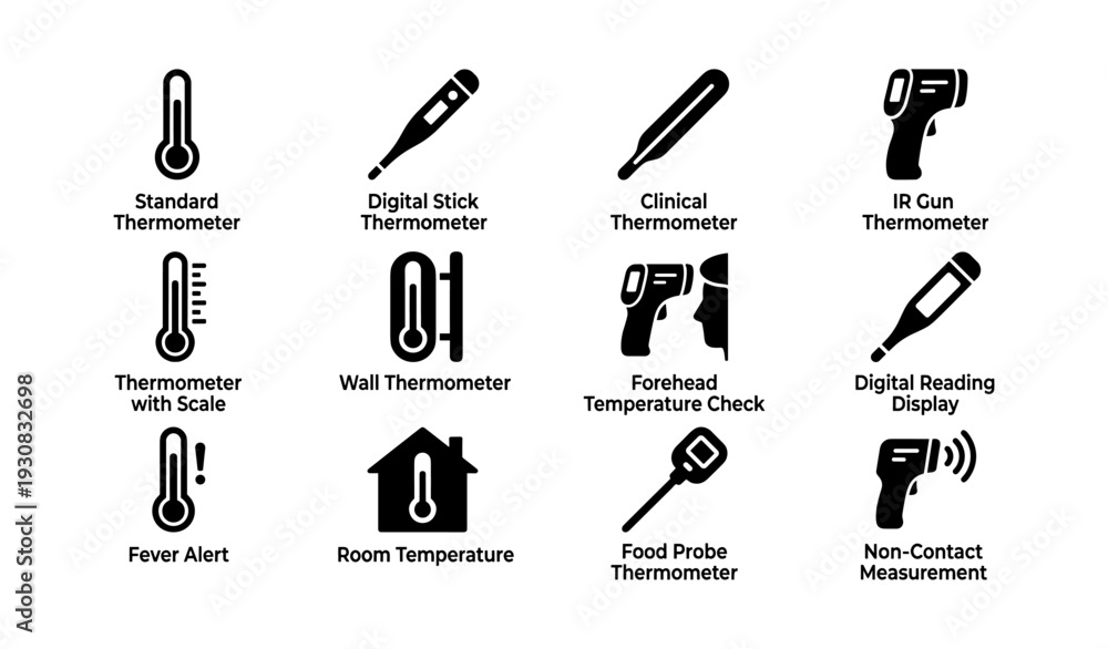 Fototapeta premium Types of thermometers: digital, clinical, ir gun, wall, food probe