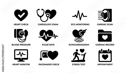 Heart health icons: monitor, exam, scan, pressure, pacemaker