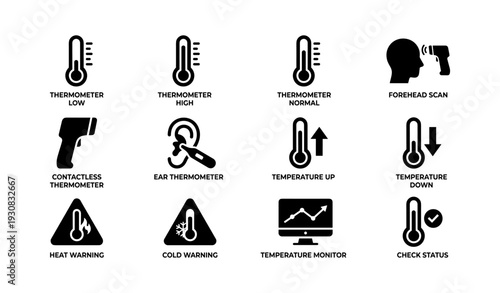 Temperature icons set: thermometers, scans, warnings, and monitoring symbols