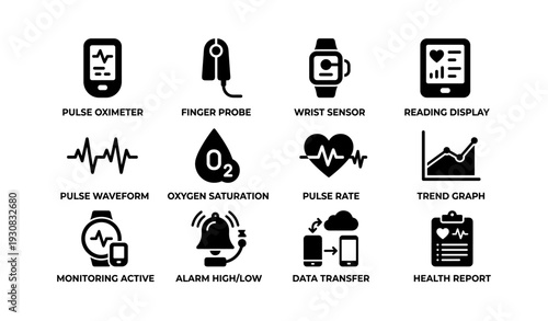 Set of medical device icons: pulse oximeter, sensor, health monitoring, data analysis