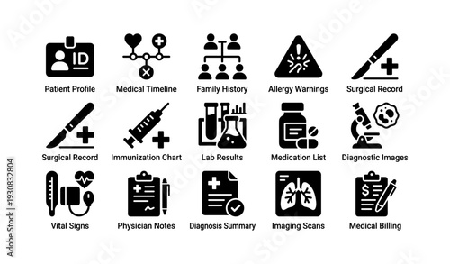 Healthcare icon set with medical records, lab results, and diagnostic tools