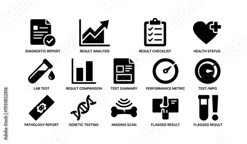 Medical icons: diagnostic report, analysis, health, lab test, genetic testing
