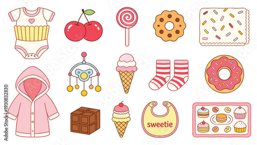 Set of 12 Playful Cartoon Baby Stickers Featuring Clothes, Toys, Accessories, and Snacks in Whimsical Collection