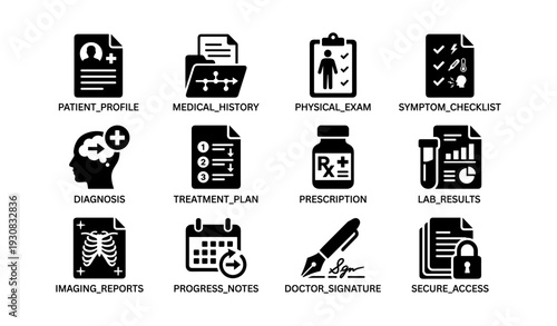 Healthcare icons including medical history, physical exam, diagnosis, prescription, lab results, imaging reports