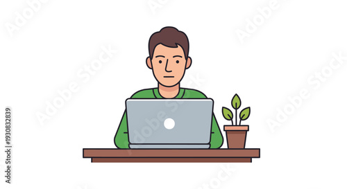 Man working on laptop with plant nearby.