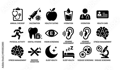 Health icons: checkup, vaccination, nutrition, exercise, and screenings