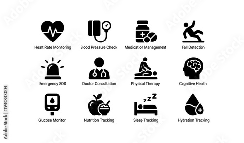 Health technology icons for monitoring and management