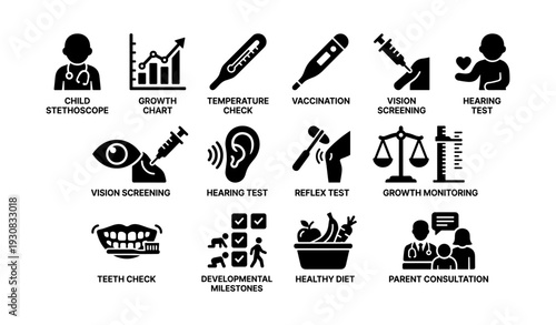 Child healthcare icons: growth, vaccination, vision, hearing, diet