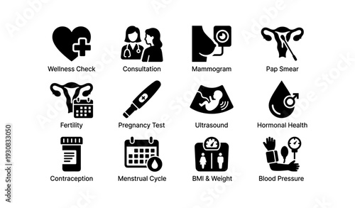Wellness and health icons: mammogram, consultation, fertility, pregnancy, hormonal health