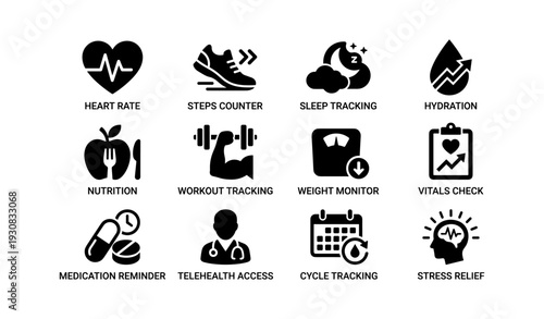 Health and fitness icons: heart rate, sleep tracking, nutrition, workout, hydration, stress relief