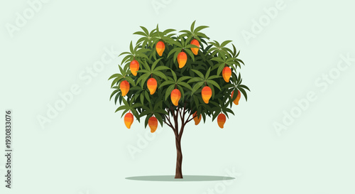 Mango Tree with Ripe Fruit and Leaves.