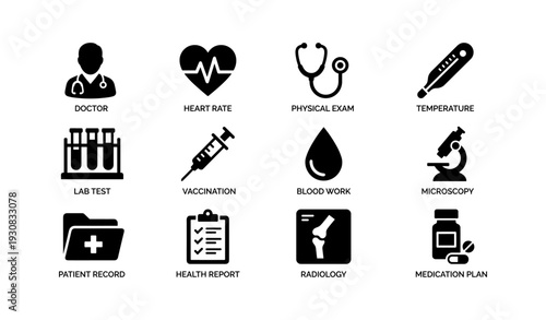 Medical icons: doctor, heart, stethoscope, lab test, vaccination, blood work, microscope
