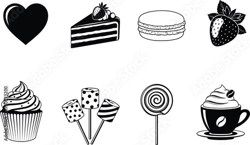 Sweet dessert silhouette icons set, cake cupcake candy coffee strawberry heart shapes, black food symbols, isolated on white background