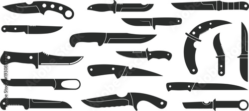 Collection of diverse knife silhouettes including hunting knives, combat knives, and utility blades arranged in a scattered pattern