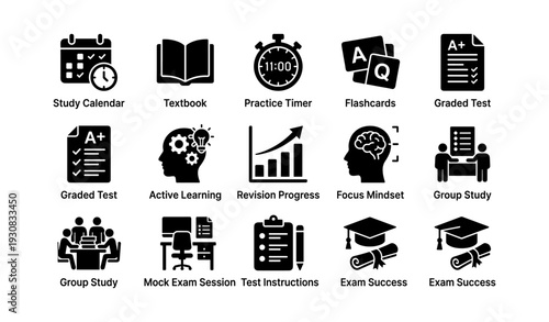 Icons for effective study: calendar, textbook, timer, and learning tools