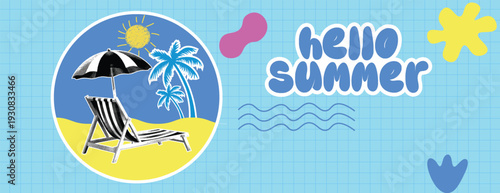 Retro vintage pop art comic style halftone collage summer holiday vacation banner Hello summer banner with beach chair and umbrella, sun, palm trees, and abstract shapes