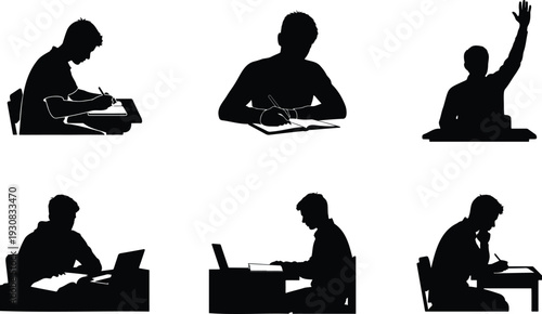 Collection of students studying silhouettes working with laptops and notebooks