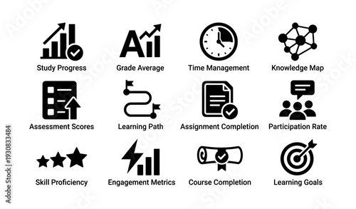 Study progress and learning metrics icons for education and assessment