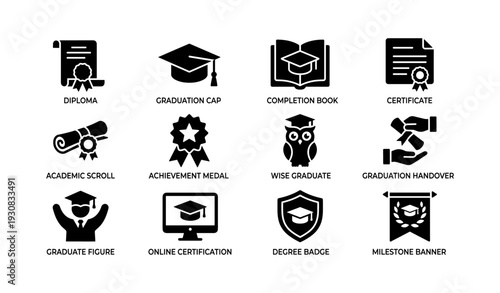 Graduation icons set: diplomas, caps, certificates, and badges illustrations