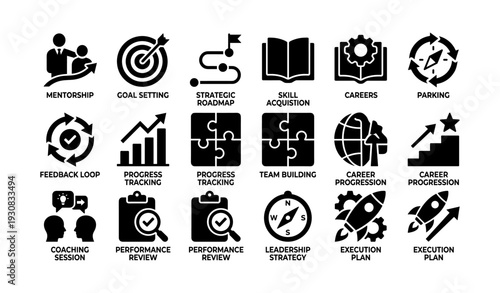 Career development icons: mentorship, goal setting, strategic roadmap, skill acquisition, careers