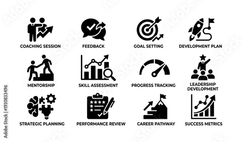 Icons for coaching, feedback, goal setting, and leadership development