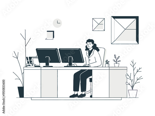 Woman working at office desk with dual monitors and plants around her workspace area