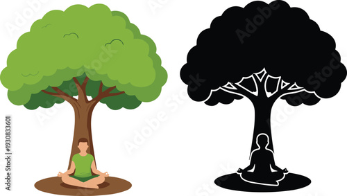 Meditation under tree vector illustration with human silhouette and colorful nature scene, yoga pose in peaceful outdoor environment isolated on white background