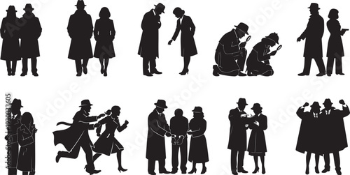 Detective and spy silhouettes in various investigation and action poses collection