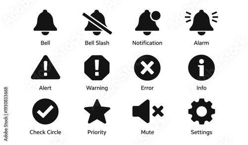 Notification icons: bell, alert, warning, error, mute, settings symbols set