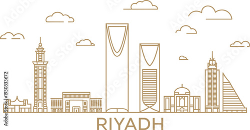 Minimalist line depiction of the Riyadh skyline with key architectural structures and clouds, emphasizing modern city and urban landscape