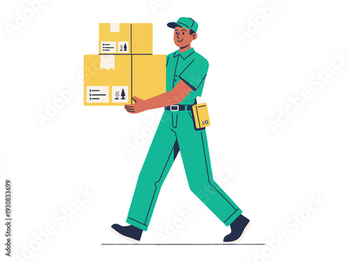 Delivery Man Carrying Yellow Packages Boxes in Green Uniform Walking on White Background