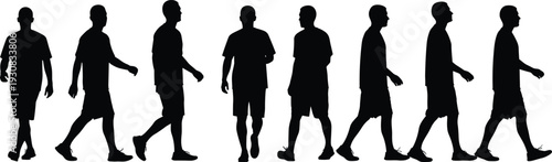 Walking man silhouettes sequence, male human walking poses, black vector illustration of movement, lifestyle, progress, and daily activity