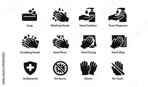 Hand hygiene icon set: soap, sanitizing, drying, antibacterial protection