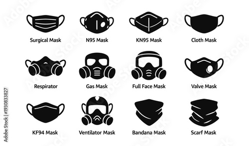 Various types of protective masks: surgical, respirator, gas, bandana, scarf