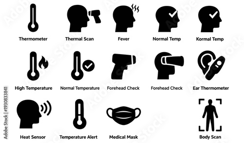 Temperature scanning icons - thermometer, thermal scan, fever, normal temp, medical mask, body scan
