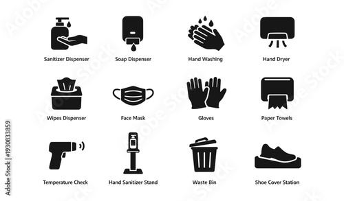 Essential hygiene icons: dispensers, masks, gloves, temperature check, waste bin