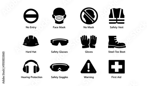 Safety icons: no entry, ppe, warning symbols for workplace safety
