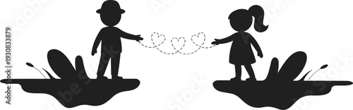 Silhouette of a man and woman on separate islands reaching out to each other with a dashed line forming hearts between them symbolizing connection and love