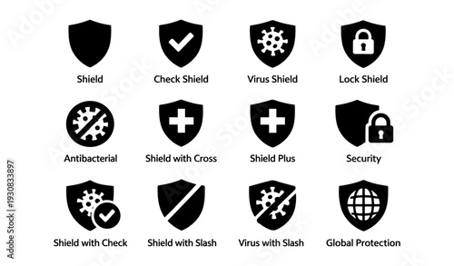 Icons of shield protection: check, virus, lock, antibacterial, shield plus